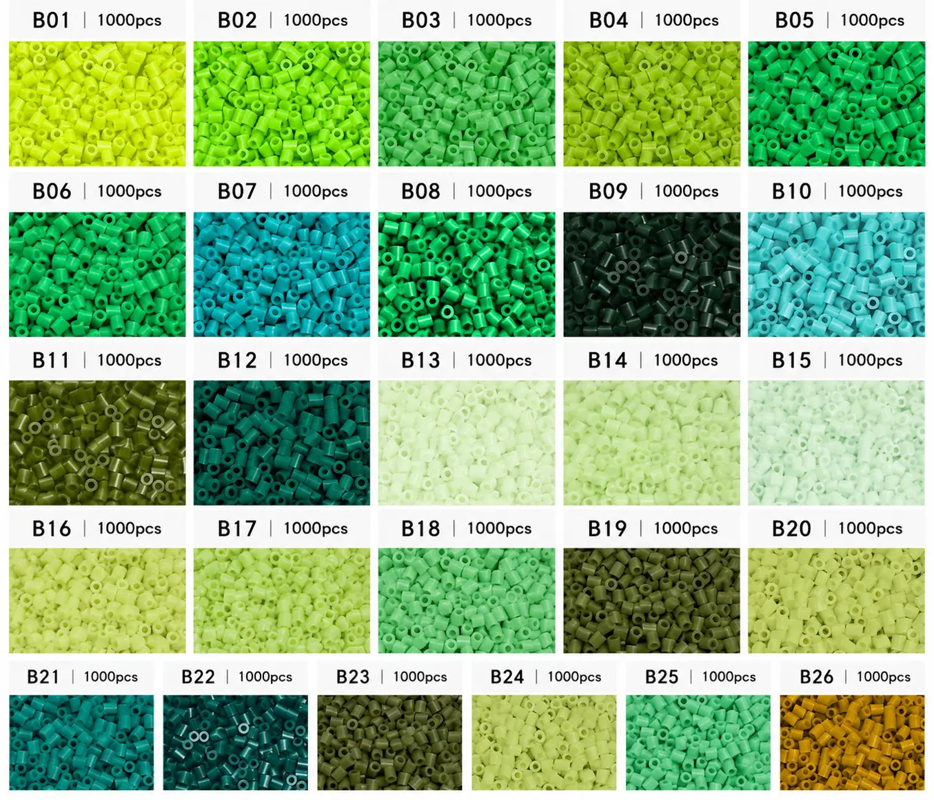Poparooz B Series Mini Fuse Beads, Green Shades, 32 Colors, 2.6mm